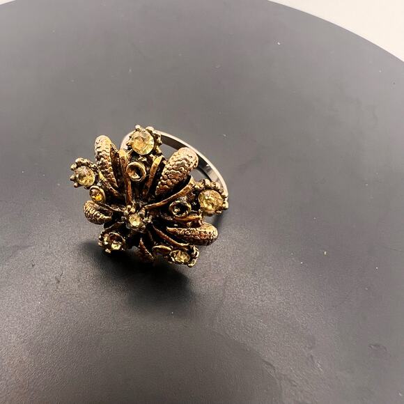 Vintage Starburst Cocktail Ring Gold Tone Adjustable Band w CZ Gems Whimsigoth - Picture 5 of 8